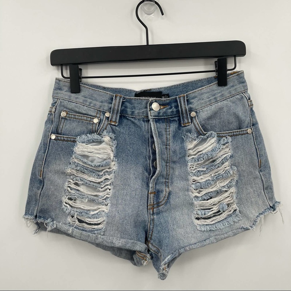 MINKPINK Distressed High Rise Denim Shorts Size M
